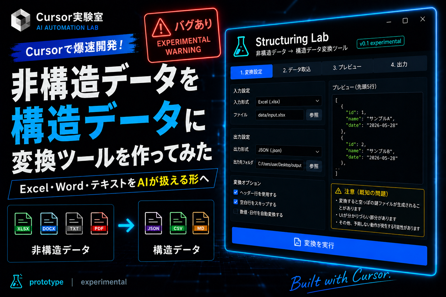 Cursorで開発した「非構造データ → 構造データ変換ツール」のアイキャッチ画像。Excel・Word・PDFなどをJSONやCSVへ変換する experimental アプリのUIイメージと、既知バグを示す warning 表示を含むダーク系デザイン。