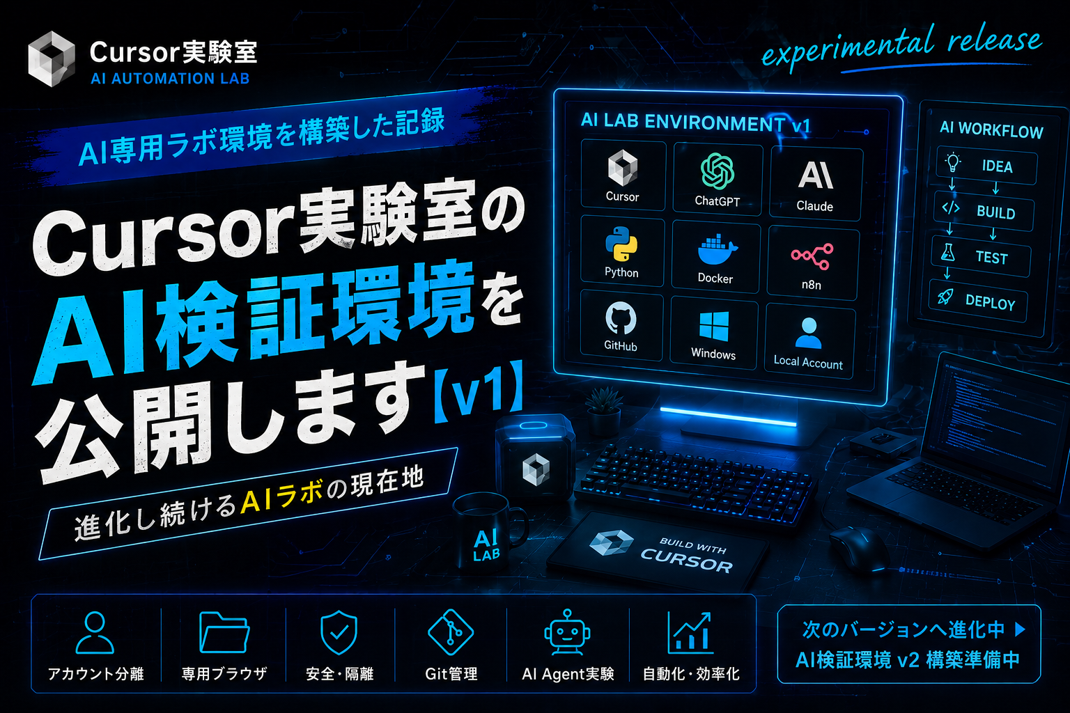 Cursor実験室のAI検証環境を紹介する近未来風のアイキャッチ画像。黒と青ネオンを基調に、Cursor・ChatGPT・Claude・Python・Docker・n8n などのAI開発ツールを表示した「AI LAB ENVIRONMENT v1」のモニター画面が描かれている。左側には「Cursor実験室のAI検証環境を公開します【v1】」の大きなタイトル、下部にはアカウント分離・専用ブラウザ・Git管理・AI Agent実験などの構成要素アイコンが並び、experimental release の世界観を表現している。