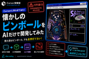Cursorに懐かしのピンボールゲームを作らせてみた実験記事のアイキャッチ画像。AIだけで開発したピンボール画面と「バグあり」「experimental release」の表示があり、見た目は完成しているものの実際にはうまく遊べなかった様子を表現している。