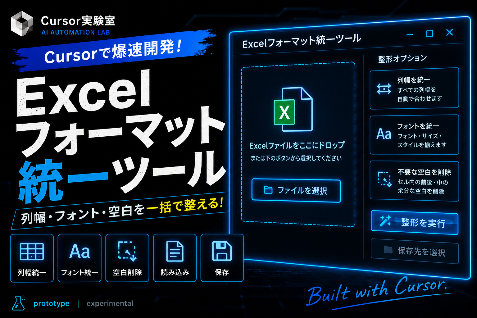 Cursorで開発したExcelフォーマット統一ツール。Excelの列幅・フォント・不要な空白を自動で整える業務効率化アプリを紹介するアイキャッチ画像。