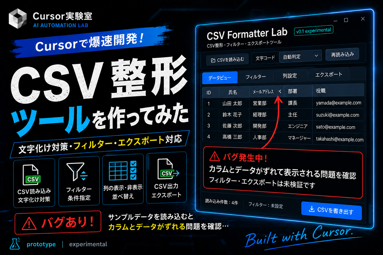 Cursorで開発したCSV整形ツールのアイキャッチ画像。CSVの文字化け対策、フィルター、列の表示・非表示、CSVエクスポート機能を備えたWindows向けアプリのUIと、「バグあり」の警告表示をデザインし、サンプルCSVでカラムとデータがずれる不具合が発生した experimental release を表現している。
